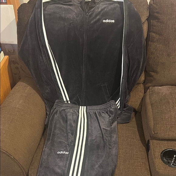 adidas | Other | Vintage Adidas Velour Charcoal Tracksuit With White ...
